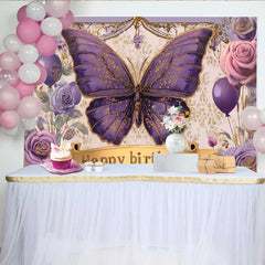 Lofaris Toile de fond anniversaire papillon violet vintage, fond fête bannière or floral, accessoire photo princesse fille