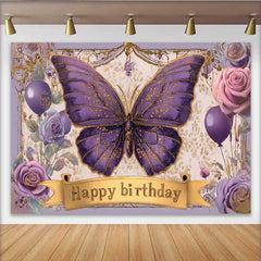 Lofaris Toile de fond anniversaire papillon violet vintage, fond fête bannière or floral, accessoire photo princesse fille