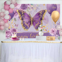 Lofaris Toile de fond anniversaire papillon violet et or, fond fête ballon floral, décoration table gâteau anniversaire fille
