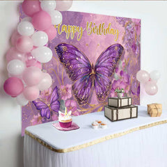 Lofaris Toile de fond anniversaire papillon fantaisie violet, fond fête magique florale, accessoire photo Cake Smash fille