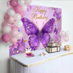 Lofaris Toile de fond anniversaire papillon rose et violet, fond fête fantaisie florale, accessoire photomaton princesse fille