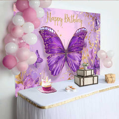 Lofaris Toile de fond anniversaire papillon bijoux violets, fond texte paillettes or floral, bannière fête princesse fille