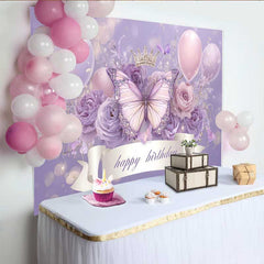 Lofaris Toile de fond anniversaire couronne papillon lavande, fond ballon bannière ruban, décoration fête princesse fille