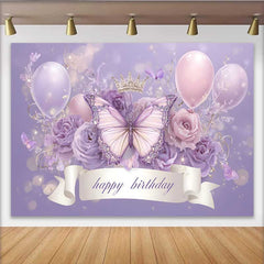 Lofaris Toile de fond anniversaire couronne papillon lavande, fond ballon bannière ruban, décoration fête princesse fille