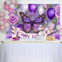 Lofaris Toile de fond anniversaire papillon violet foncé, fond Cake Smash floral ballon, accessoire photo fête fille