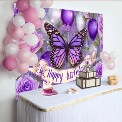 Lofaris Toile de fond anniversaire papillon violet foncé, fond Cake Smash floral ballon, accessoire photo fête fille