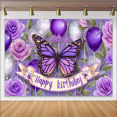 Lofaris Toile de fond anniversaire papillon violet foncé, fond Cake Smash floral ballon, accessoire photo fête fille
