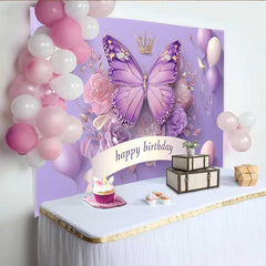 Lofaris Toile de fond anniversaire papillon violet style 3D, fond princesse ballon couronne, décoration table gâteau fille