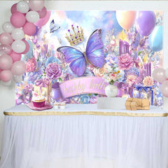 Lofaris Toile de fond anniversaire papillon bleu violet magique, fond fête boîte cadeau couronne, accessoire photo princesse fille