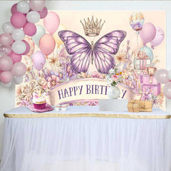 Lofaris Toile de fond anniversaire papillon rose violet artistique, fond croquis ballon couronne, bannière photo fête fille
