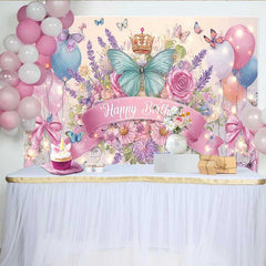 Lofaris Toile de fond anniversaire papillon bleu sarcelle nœud rose, fond floral ballon couronne, décoration fête princesse fille