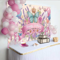 Lofaris Toile de fond anniversaire papillon bleu sarcelle nœud rose, fond floral ballon couronne, décoration fête princesse fille