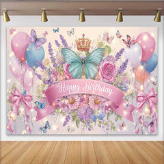 Lofaris Toile de fond anniversaire papillon bleu sarcelle nœud rose, fond floral ballon couronne, décoration fête princesse fille
