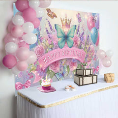 Lofaris Toile de fond anniversaire papillon bleu et rose, fond scintillant couronne florale, bannière fête princesse fée fille
