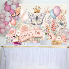 Lofaris Toile de fond anniversaire floral papillon pastel, fond jardin printemps couronne dorée, accessoire photo fête fille