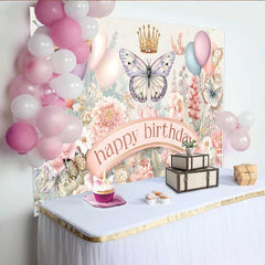 Lofaris Toile de fond anniversaire floral papillon pastel, fond jardin printemps couronne dorée, accessoire photo fête fille