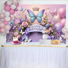 Lofaris Toile de fond anniversaire papillon violet et bleu 3D, fond ballon floral couronne, accessoire fête princesse fille