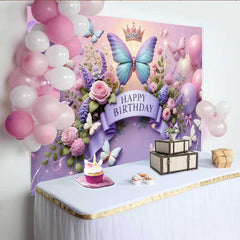 Lofaris Toile de fond anniversaire papillon violet et bleu 3D, fond ballon floral couronne, accessoire fête princesse fille
