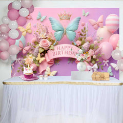 Lofaris Toile de fond anniversaire papillon menthe et rose 3D, fond floral ballon rayé, bannière anniversaire doux fille