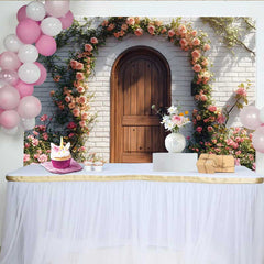 Lofaris Toile de fond photographie, décoration arche florale rose rose porte bois rustique printemps