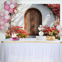 Lofaris Toile de fond photographie, décoration porte arche bois rustique jardin tulipe rouge printemps