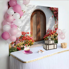 Lofaris Toile de fond photographie, décoration porte arche bois rustique jardin tulipe rouge printemps