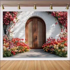 Lofaris Toile de fond photographie, décoration porte arche bois rustique jardin tulipe rouge printemps