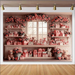 Lofaris Toile de fond Saint-Valentin, ensemble chambre fenêtre florale ours en peluche boîtes cadeaux roses