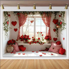 Lofaris Toile de fond Saint-Valentin, décor siège fenêtre roses rouges rideau vichy rouge