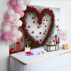 Lofaris Toile de fond Saint-Valentin, lanternes rouges mur brique blanche cœur floral rose rouge