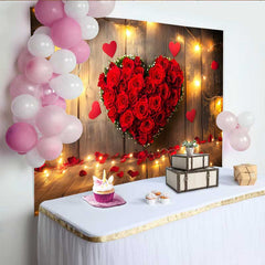 Lofaris Toile de fond Saint-Valentin, bois rustique guirlande lumineuse cœur floral rose rouge