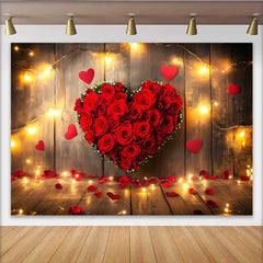Lofaris Toile de fond Saint-Valentin, bois rustique guirlande lumineuse cœur floral rose rouge