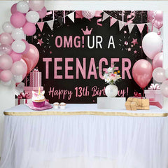 Lofaris Fond OMG UR A TEENAGER Rose et Noir, Décoration de Fête 13e Anniversaire