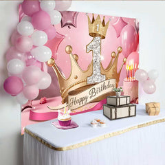 Lofaris Fond Couronne d'Or Royale 1er Anniversaire, Étoiles Roses et Gâteau
