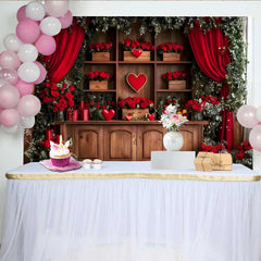 Lofaris Fond Rideau Rouge Romantique, Étagère Bois et Boîtes Cadeaux Roses