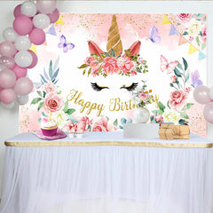 Lofaris Toile de Fond Visage de Licorne Florale, Corne Dorée et Rose Rose pour Anniversaire Fille