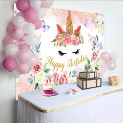 Lofaris Toile de Fond Visage de Licorne Florale, Corne Dorée et Rose Rose pour Anniversaire Fille
