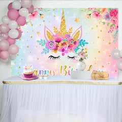Lofaris Toile de Fond Joyeux Anniversaire Licorne, Arc-en-ciel Pastel Fleurs et Étoiles Or