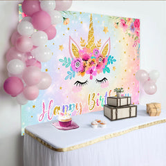 Lofaris Toile de Fond Joyeux Anniversaire Licorne, Arc-en-ciel Pastel Fleurs et Étoiles Or