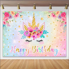 Lofaris Toile de Fond Joyeux Anniversaire Licorne, Arc-en-ciel Pastel Fleurs et Étoiles Or