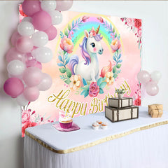 Lofaris Arrière-plan Anniversaire Licorne Arc-en-ciel, Couronne Florale Rose et Texte Pailleté Or