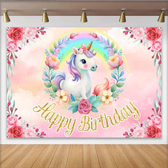 Lofaris Arrière-plan Anniversaire Licorne Arc-en-ciel, Couronne Florale Rose et Texte Pailleté Or