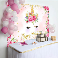 Lofaris Toile de Fond Rose Rose Licorne, Corne Dorée Florale et Cils pour Fête d'Enfants