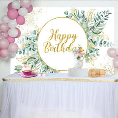 Lofaris Toile de Fond Anniversaire Eucalyptus et Verdure, Cadre Circulaire Or et Feuilles