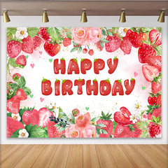 Lofaris Toile de Fond Anniversaire Fraise Douce et Fleurs Roses, Décoration de Fruits Aquarelle