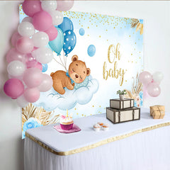 Lofaris Toile de Fond Baby Shower Ours sur Nuage, Ballons Bleus et Herbe de la Pampa pour Garçon