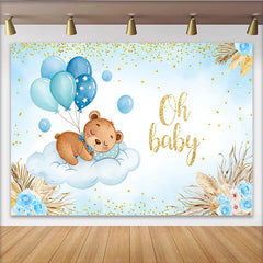 Lofaris Toile de Fond Baby Shower Ours sur Nuage, Ballons Bleus et Herbe de la Pampa pour Garçon