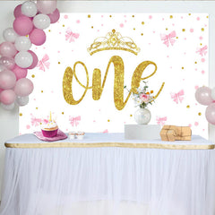 Lofaris Toile de Fond Premier Anniversaire Nœuds Roses et Couronne Or, Arrière-plan ONE Fille