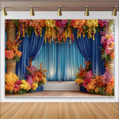 Lofaris Toile de Fond Scène Florale Royale, Rideaux Bleus et Piliers de Fleurs Vibrantes