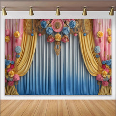 Lofaris Toile de Fond Scène Florale Pastel, Draperies Jaune et Bleu avec Ornements Roses